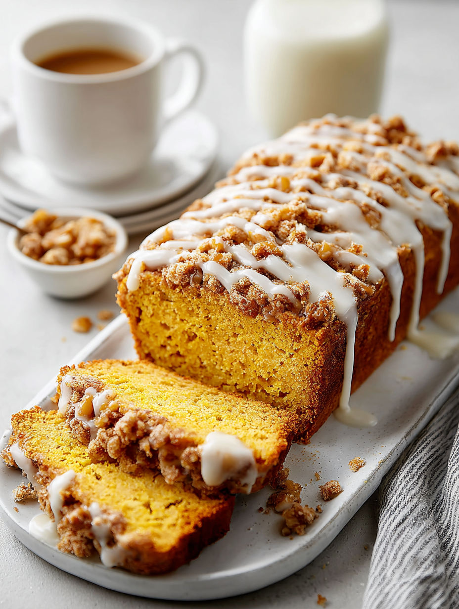 A slice of pumpkin bread with vanilla glaze.