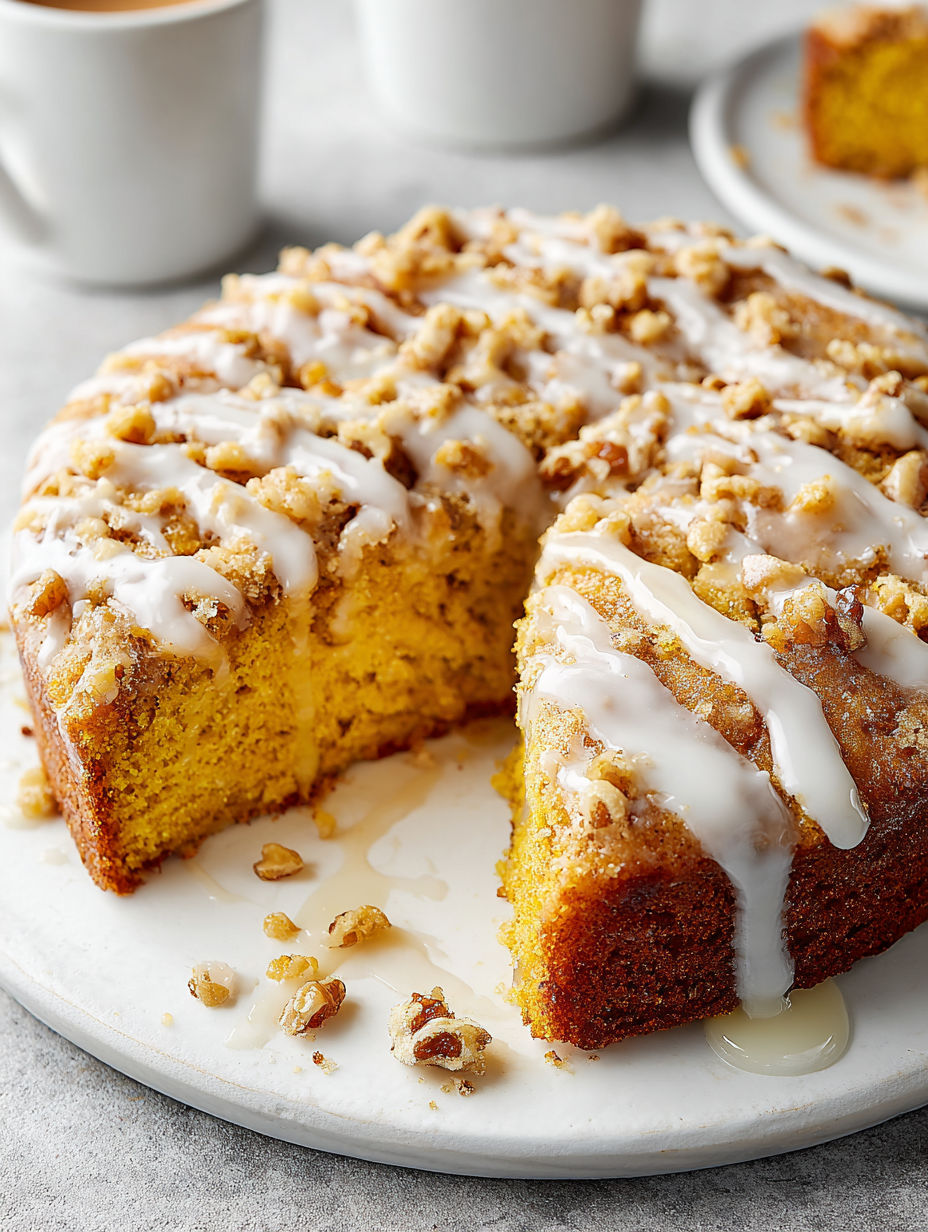 A slice of pumpkin bread with vanilla glaze.
