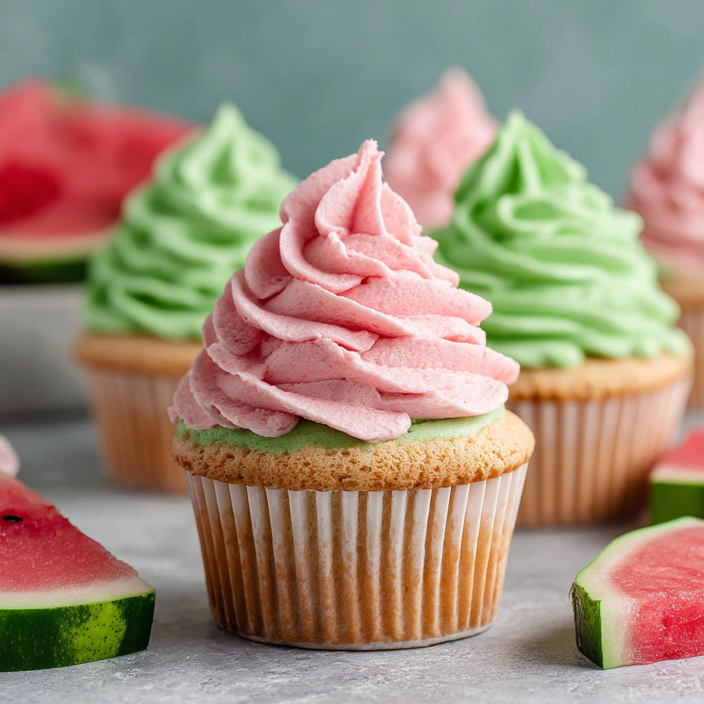 Fluffy watermelon cupcakes with green and pink frosting.
