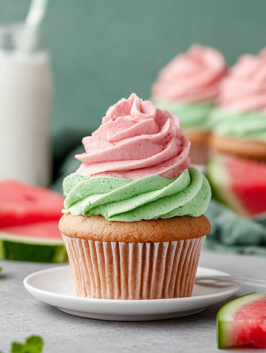 A cupcake with pink and green frosting.