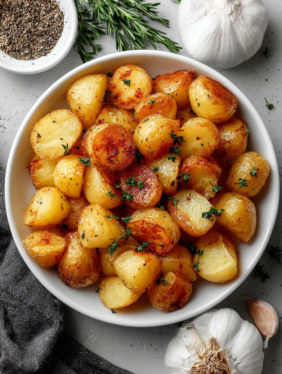 A bowl of garlic potatoes with a sprig of parsley on top.