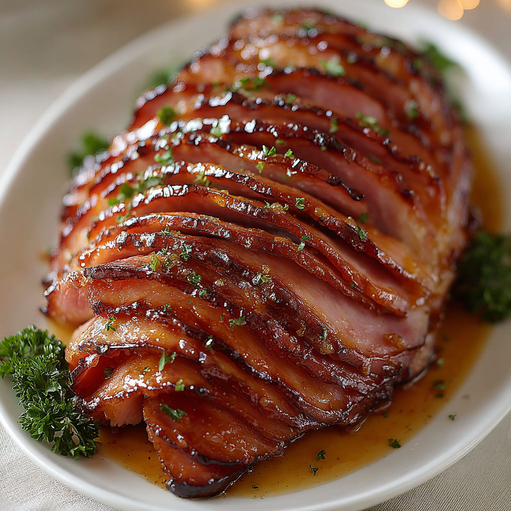 A brown sugar glazed spiral ham on a white plate.