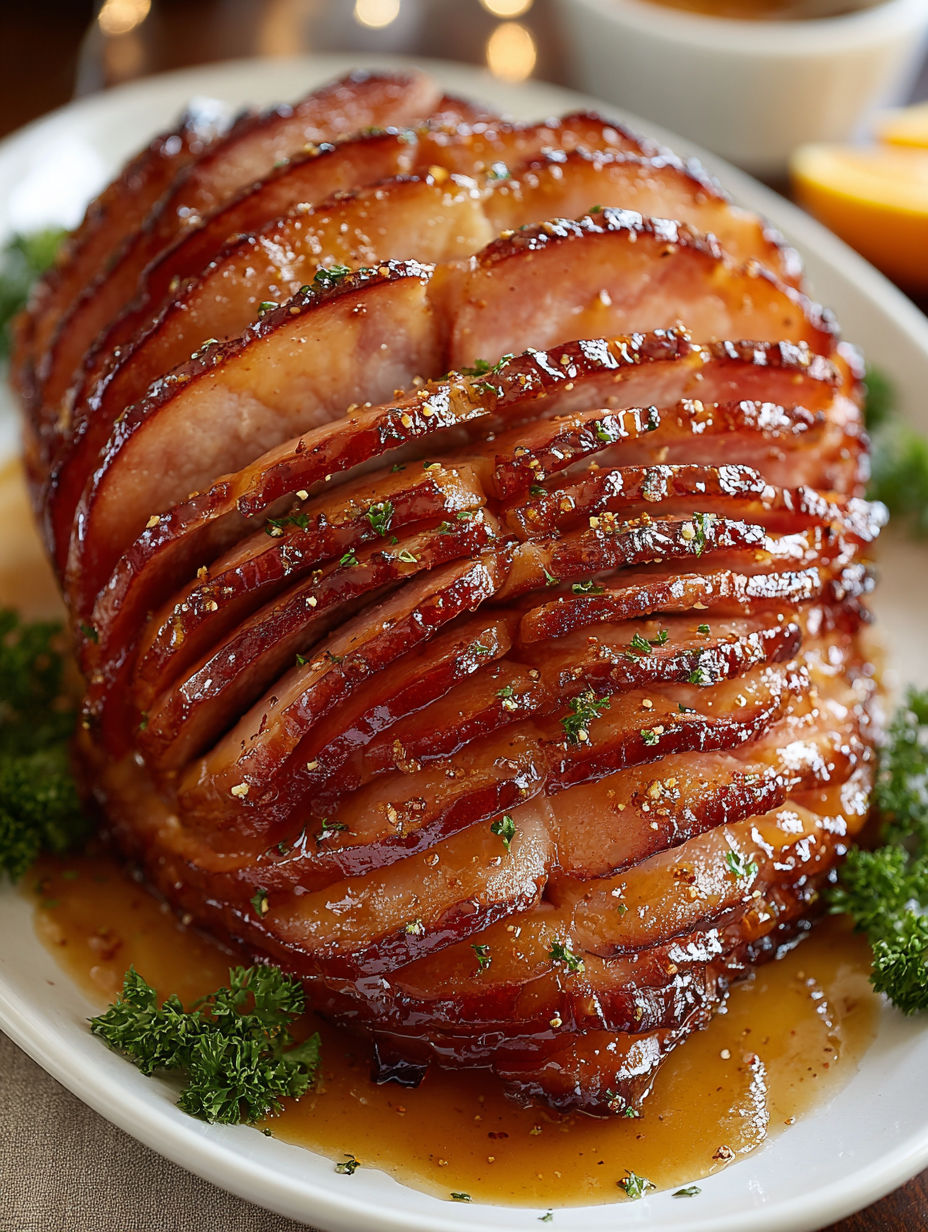 A glazed spiral ham on a plate.