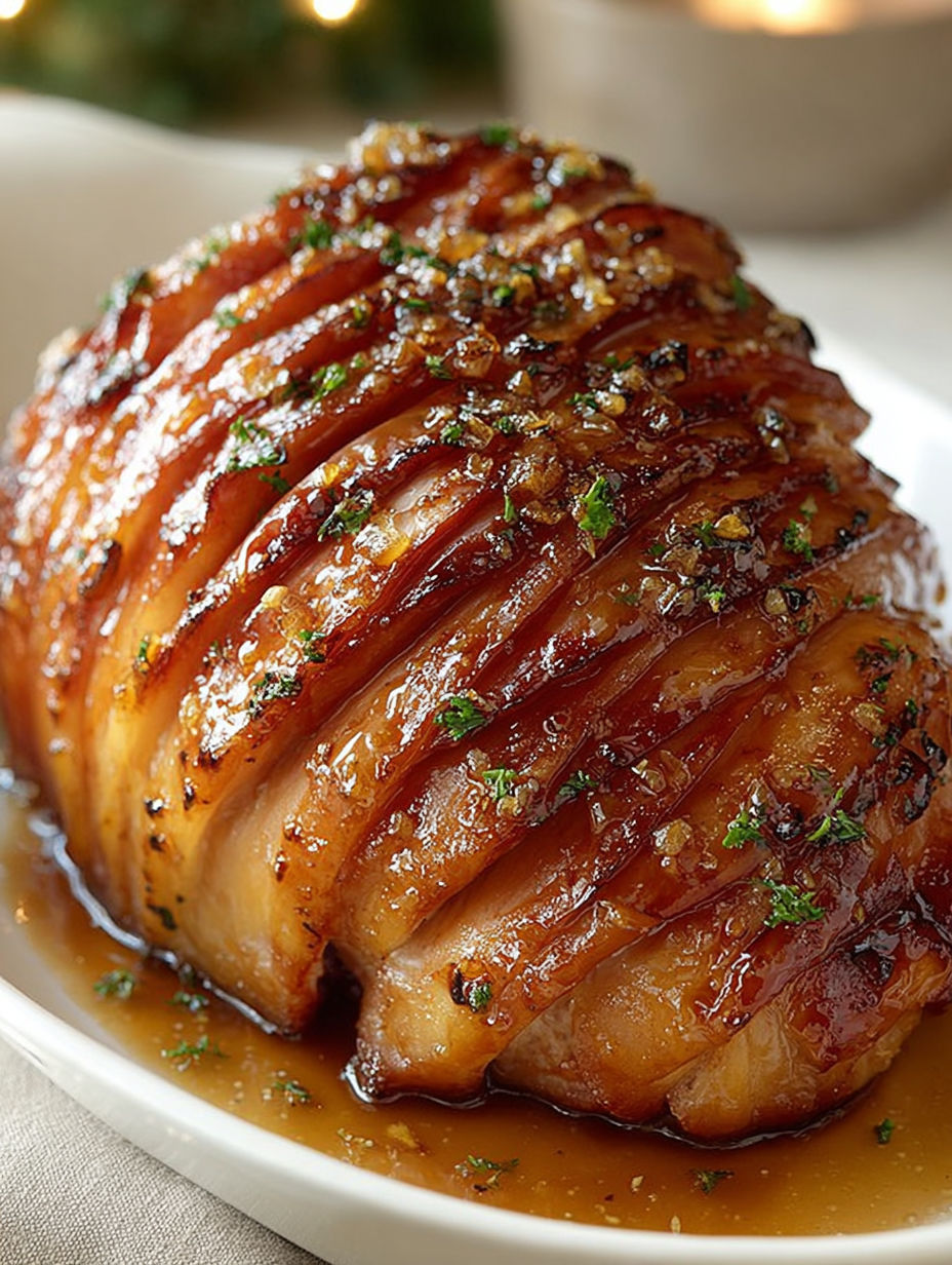 A glazed spiral ham on a plate.