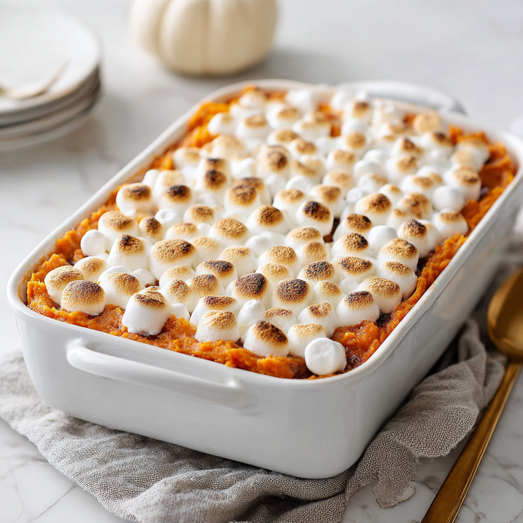 A casserole dish filled with sweet potatoes and marshmallows.