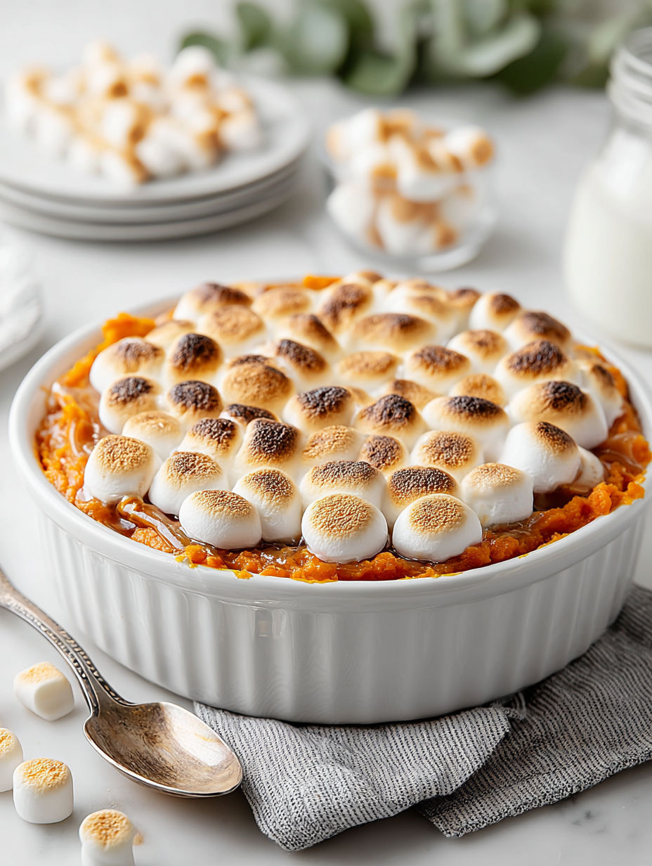 A delicious casserole with marshmallows on top.