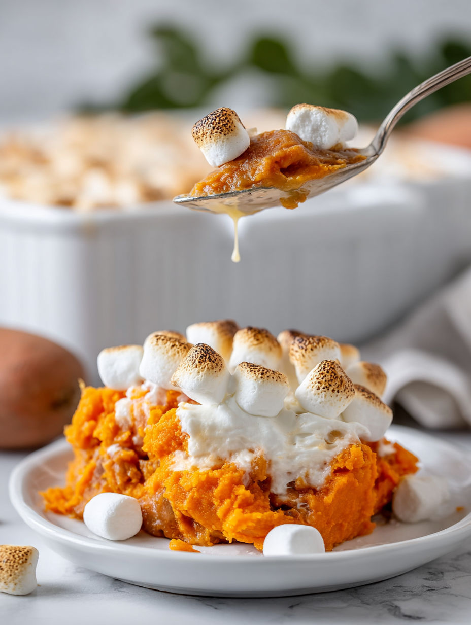 A white plate with a casserole of sweet potatoes and marshmallows.