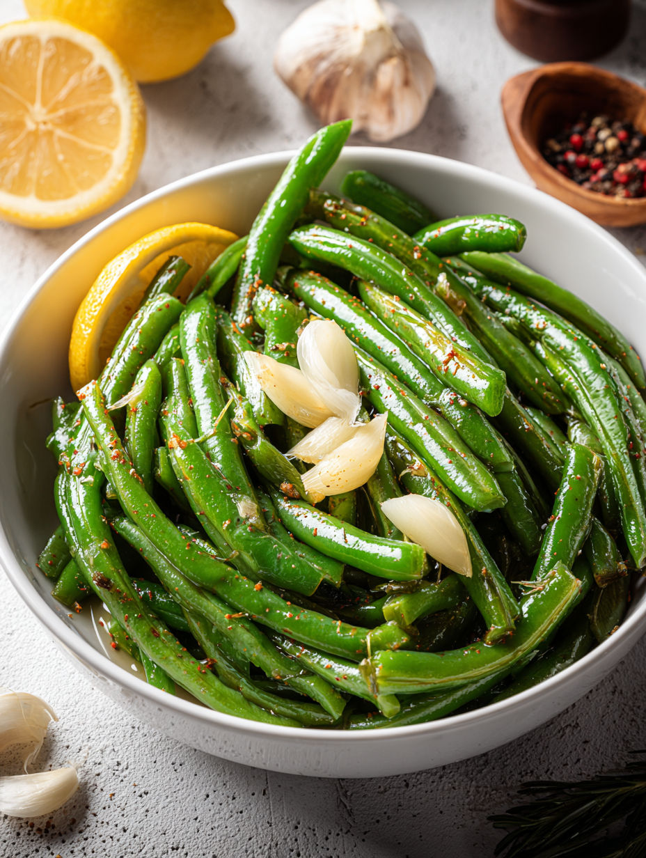 A bowl of green beans with onions and spices.
