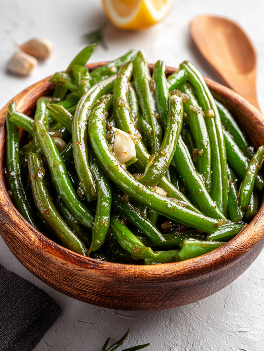 A bowl of green beans with seasoning.