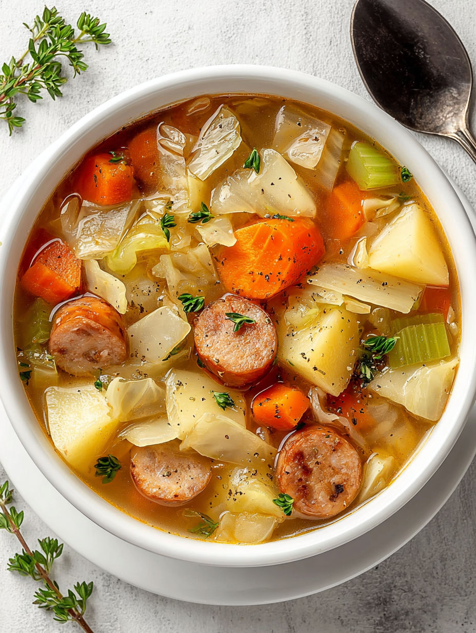 A bowl of soup with sausage, cabbage and potatoes.