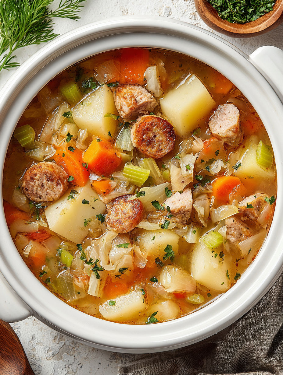 A bowl of soup with sausage, cabbage and potatoes.