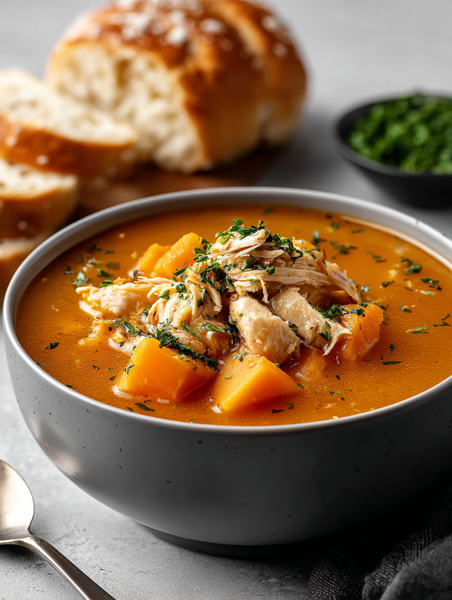 A bowl of soup with chicken and sweet potatoes.