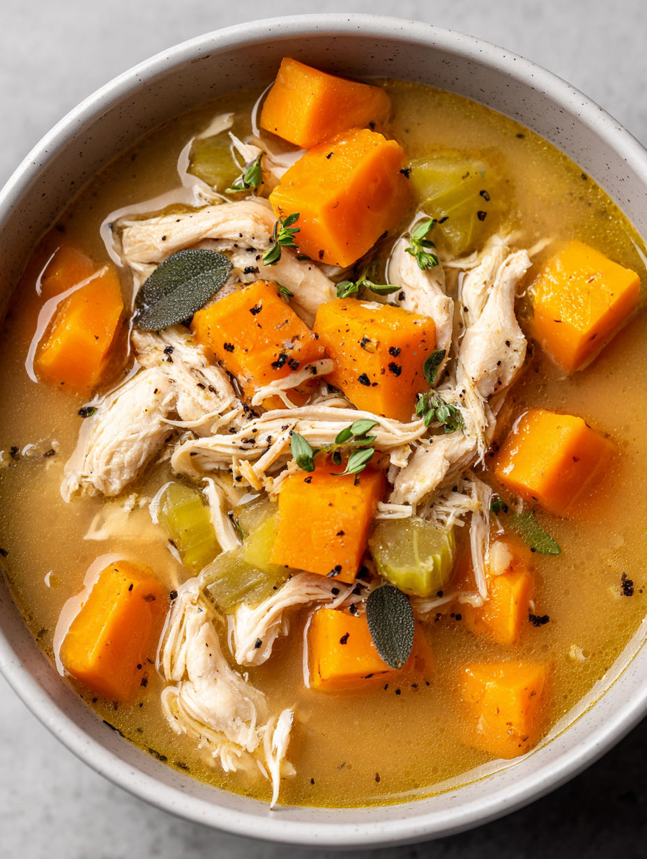A bowl of soup with chicken and sweet potatoes.