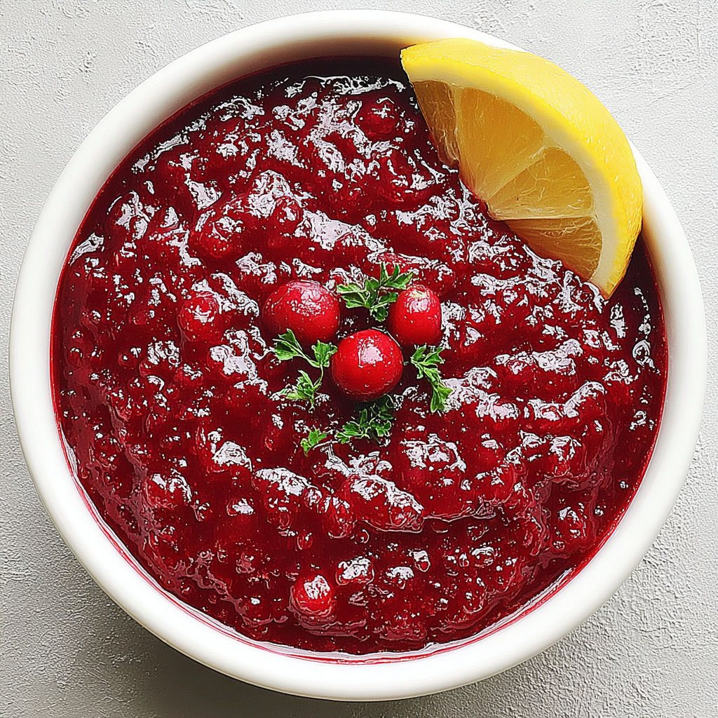 A bowl of slow cooker cranberry sauce with a lemon wedge on top.