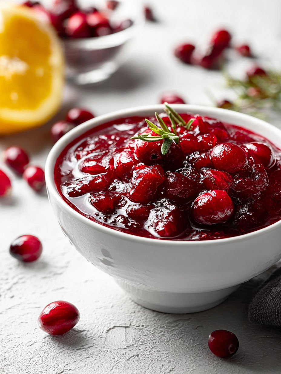 A bowl of cranberry sauce with a sprig of rosemary on top.
