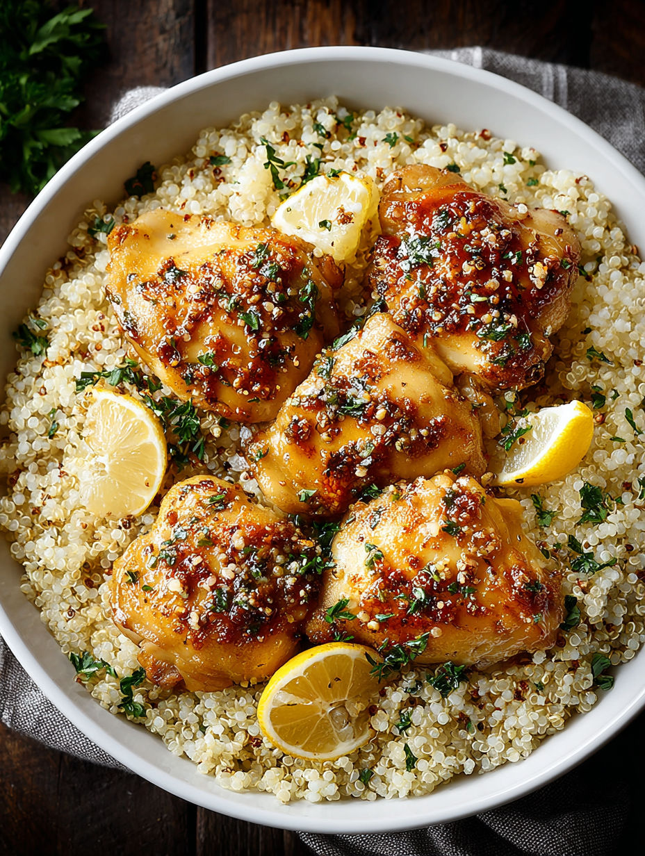 A bowl of chicken with lemon and herbs.