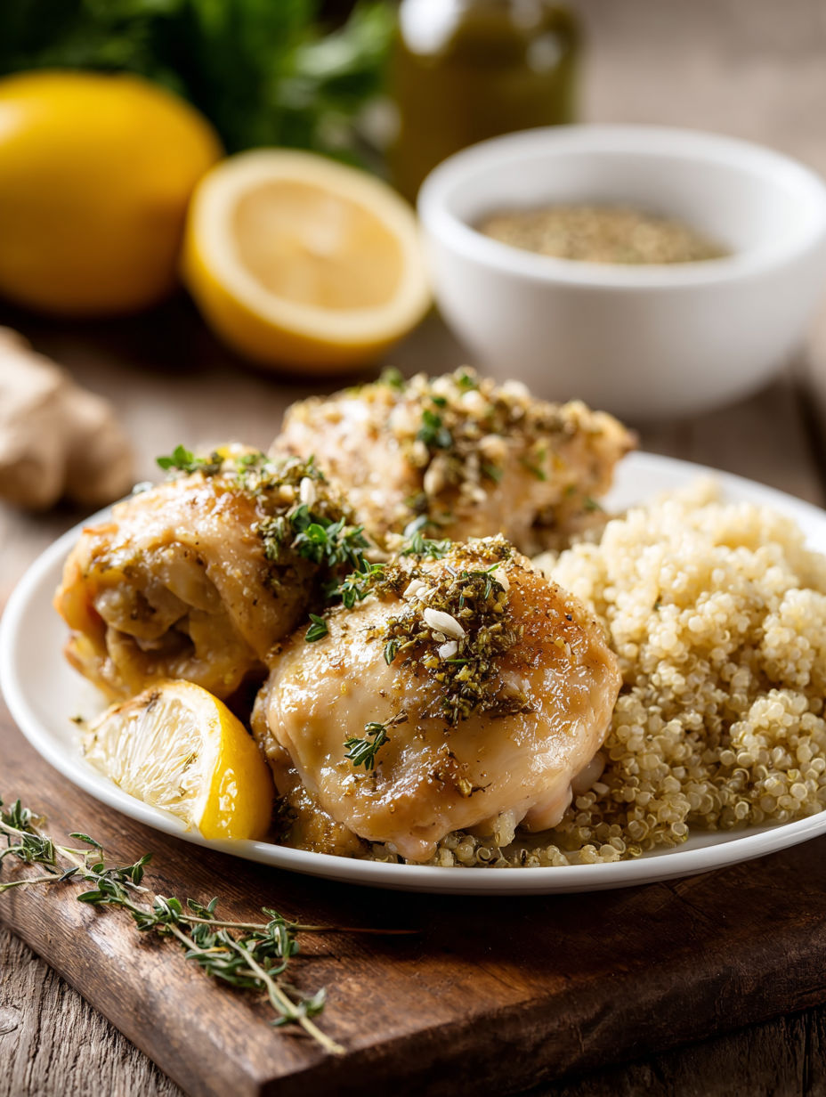 A plate of food with a lemon and a bowl of quinoa.