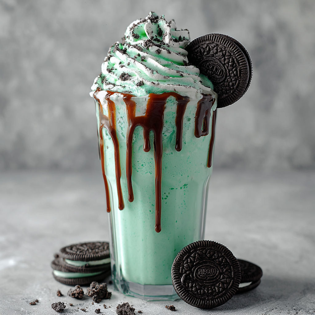 A glass of green milkshake with cookies and cream.