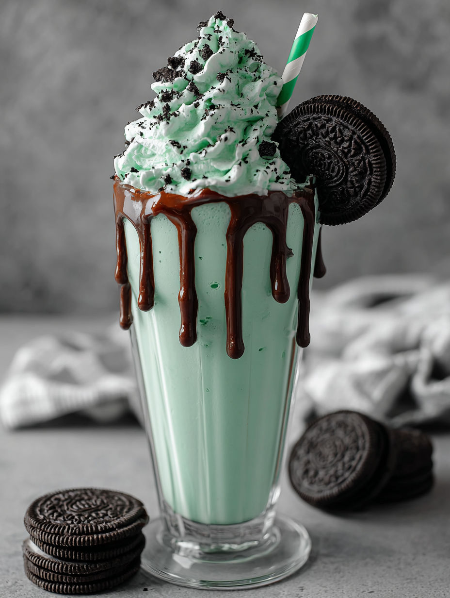 A glass of green milkshake with cookies and cream.