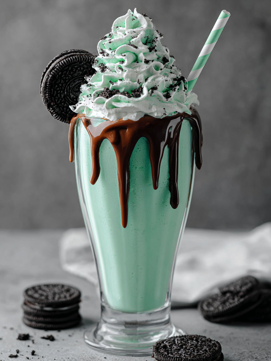 A green milkshake with chocolate drizzle.