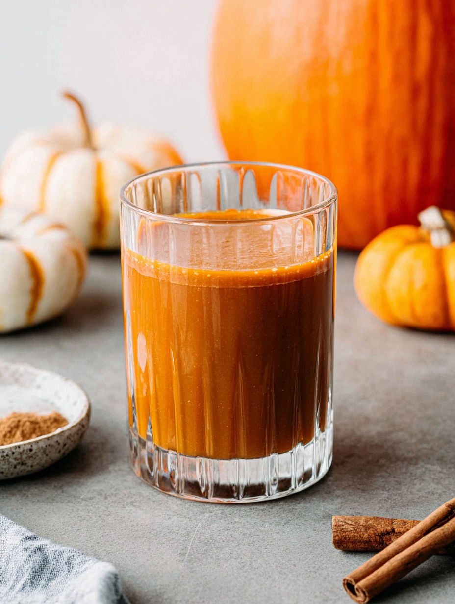 A glass of orange juice with a pumpkin in the background.