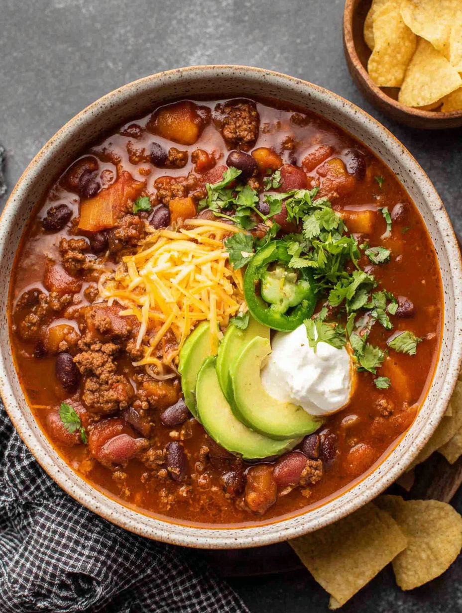 A bowl of chili with a dollop of sour cream on top.