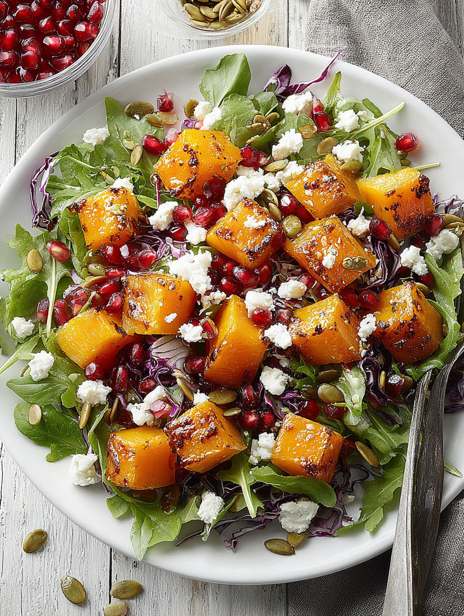 A plate of roasted butternut squash and pomegranate salad.