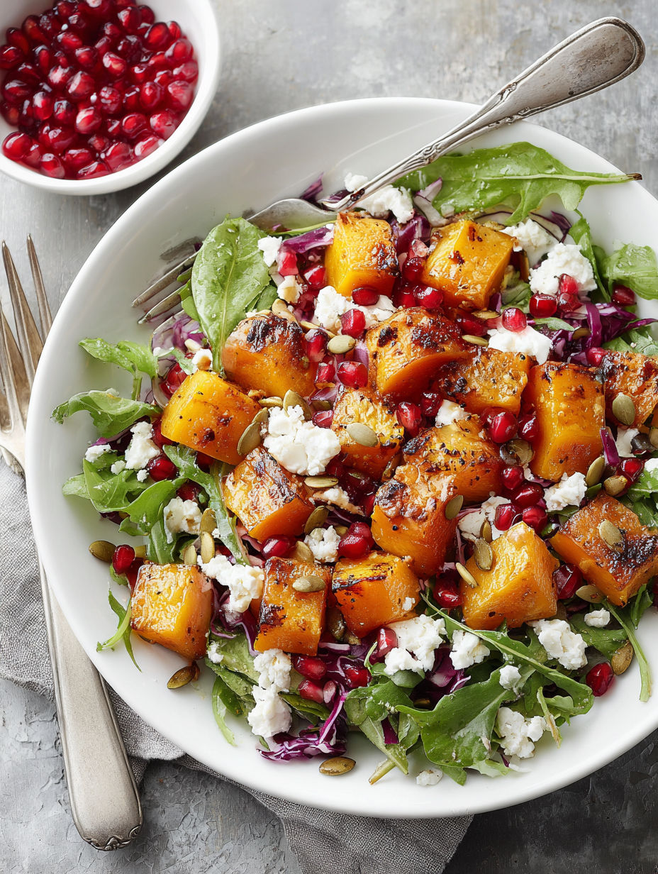 A salad with roasted butternut squash and pomegranate.