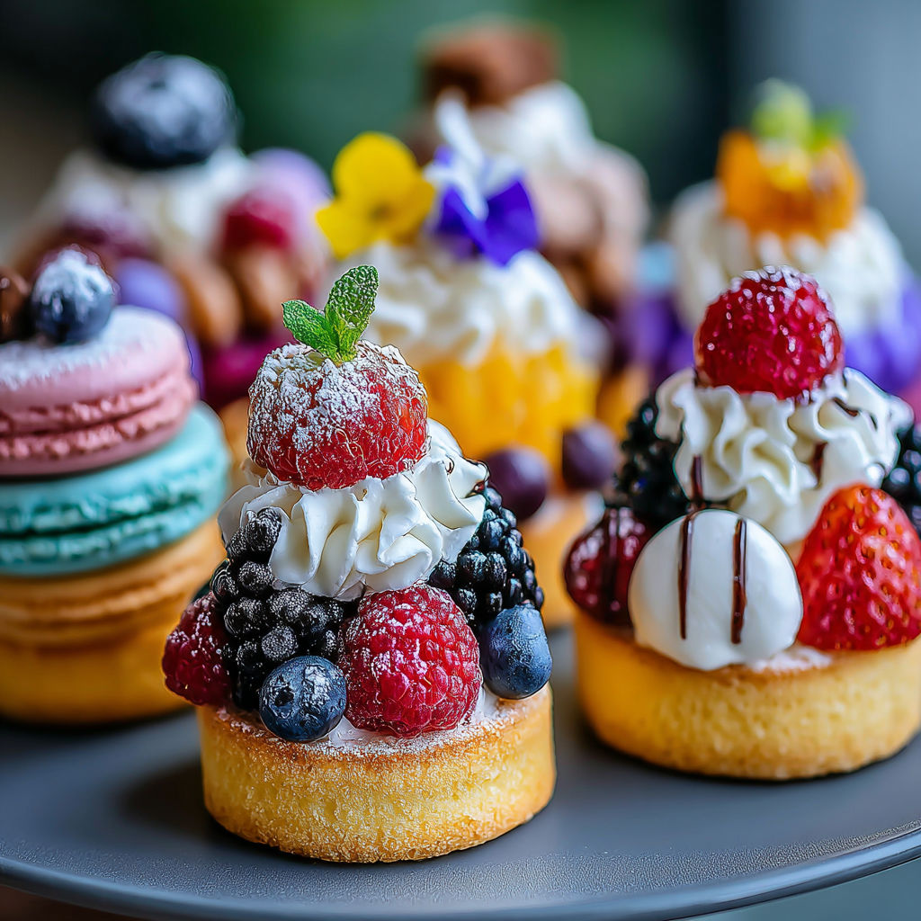 A plate of mini desserts with fruit toppings.