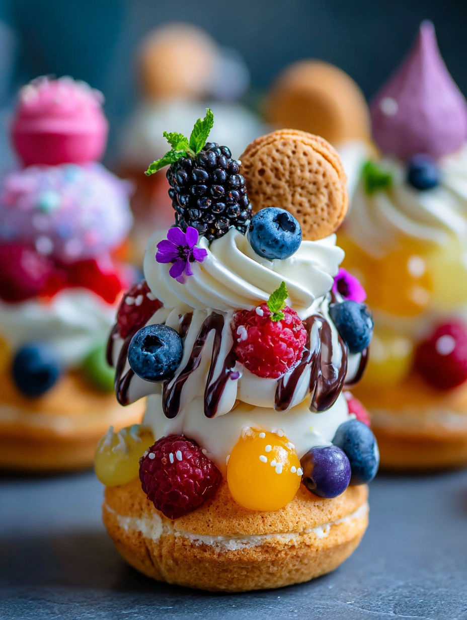 A stack of desserts with fruit and chocolate toppings.