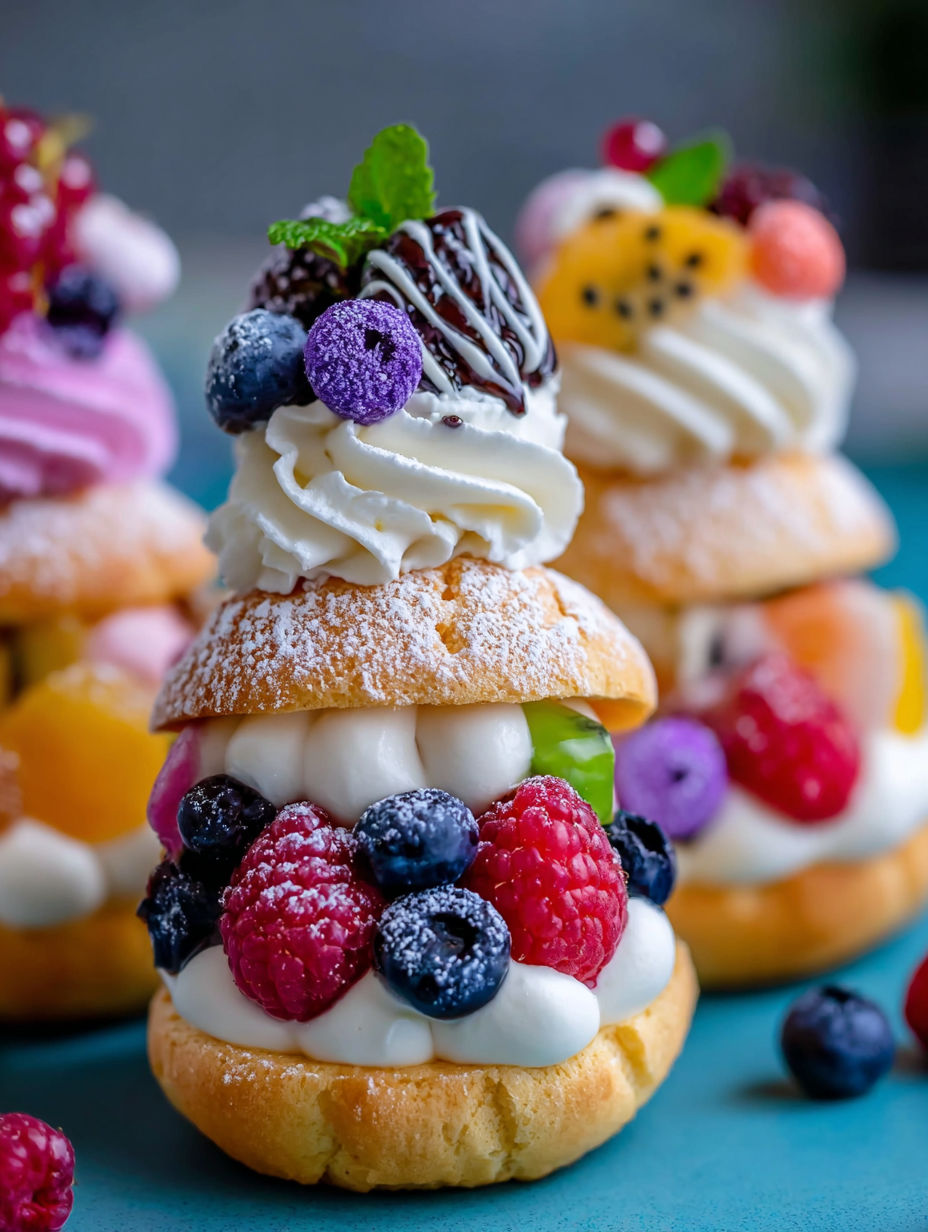 A stack of mini desserts with fruit toppings.