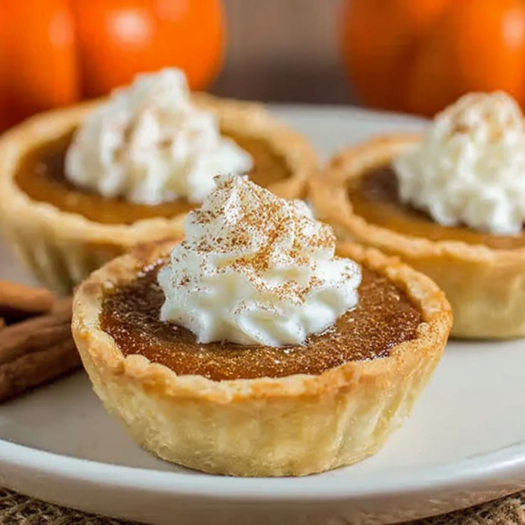 Three mini pumpkin pies with whipped cream on top.
