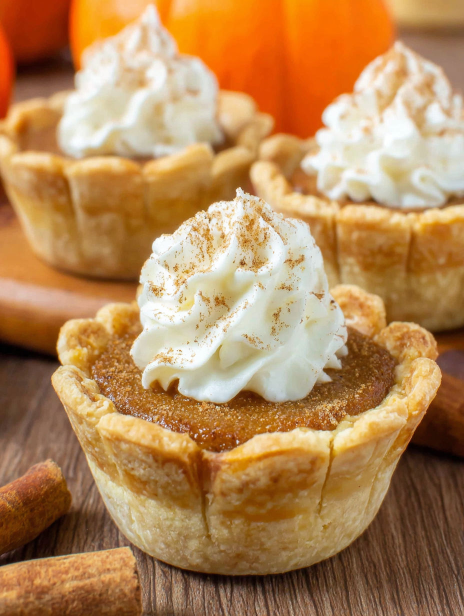 Two mini pumpkin pies with whipped cream on top.
