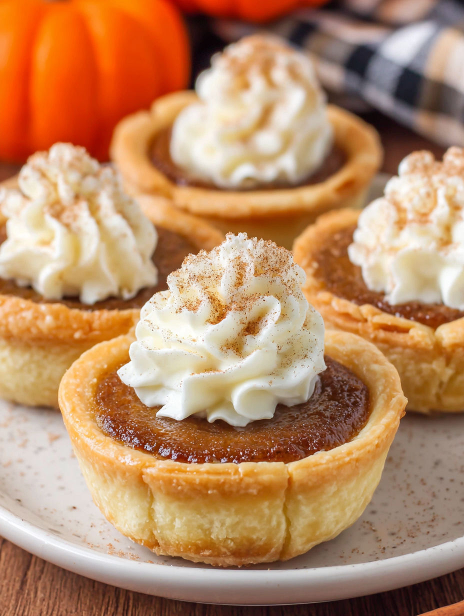 Three mini pumpkin pies with whipped cream.