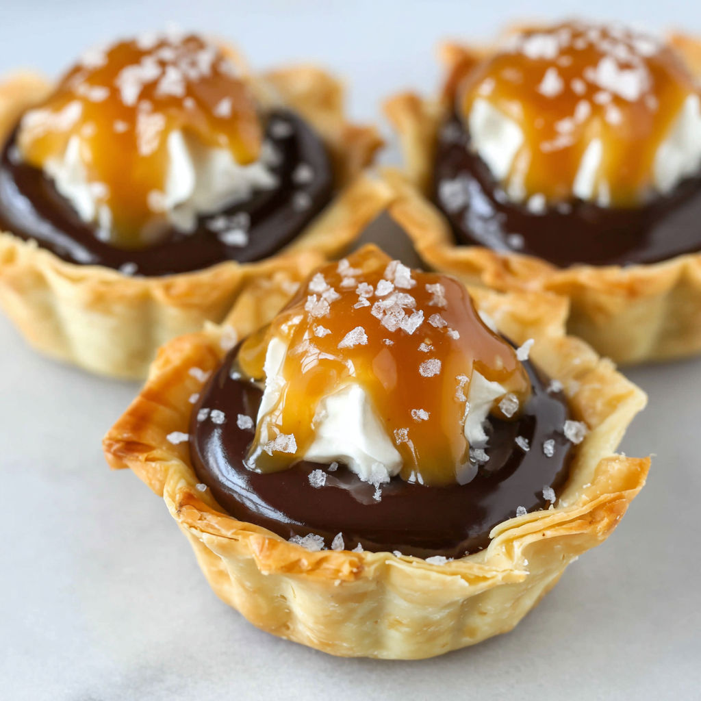 Three mini chocolate ganache tarts on a table.