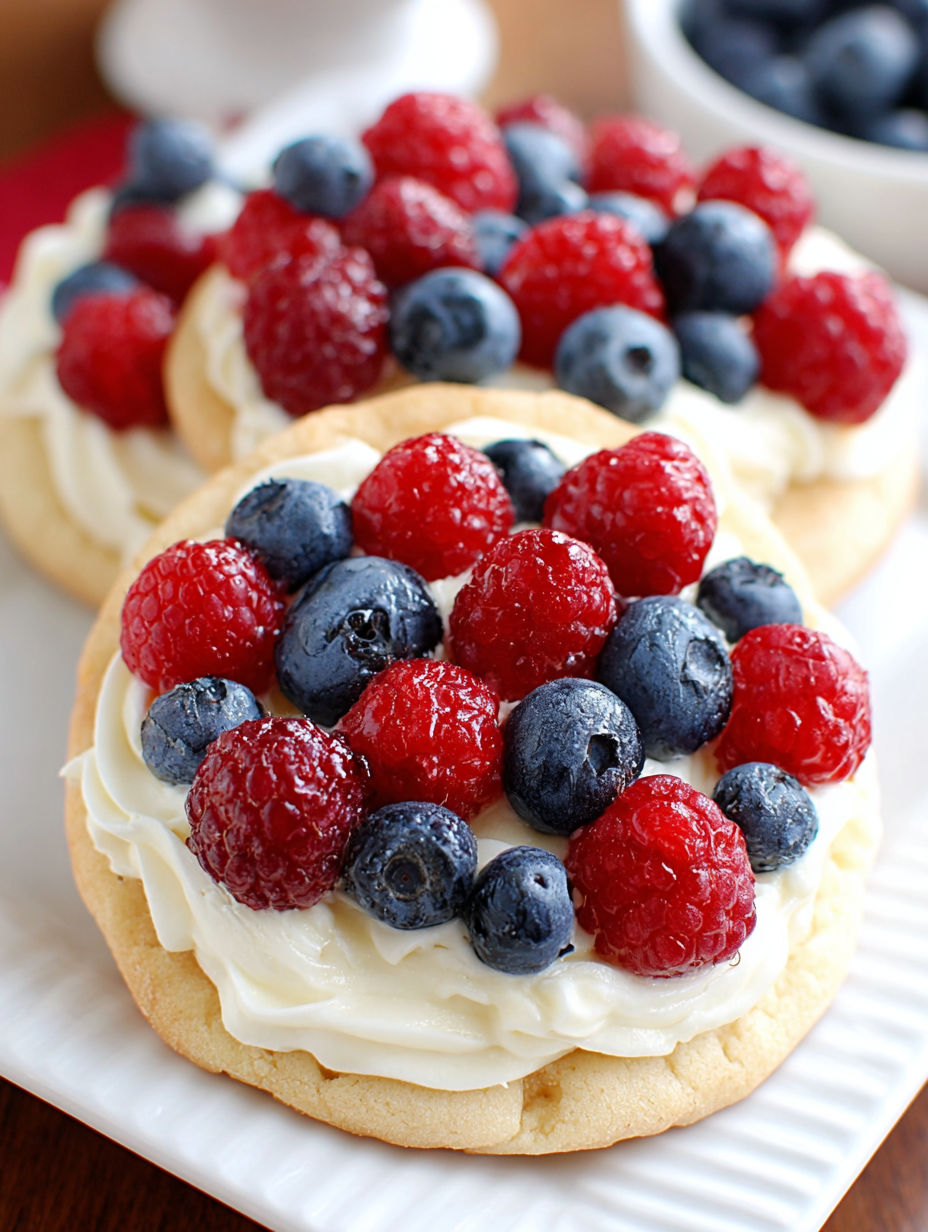 A white plate with two mini fruit pizza cookies.