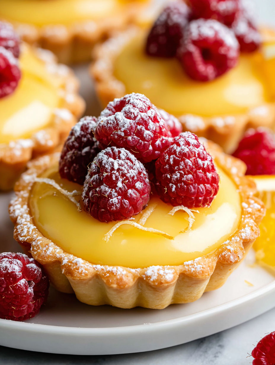 A close up of a mini lemon raspberry tart.