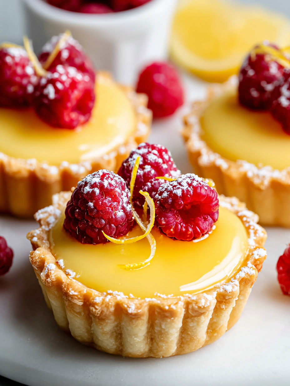 A close up of a mini lemon raspberry tart.