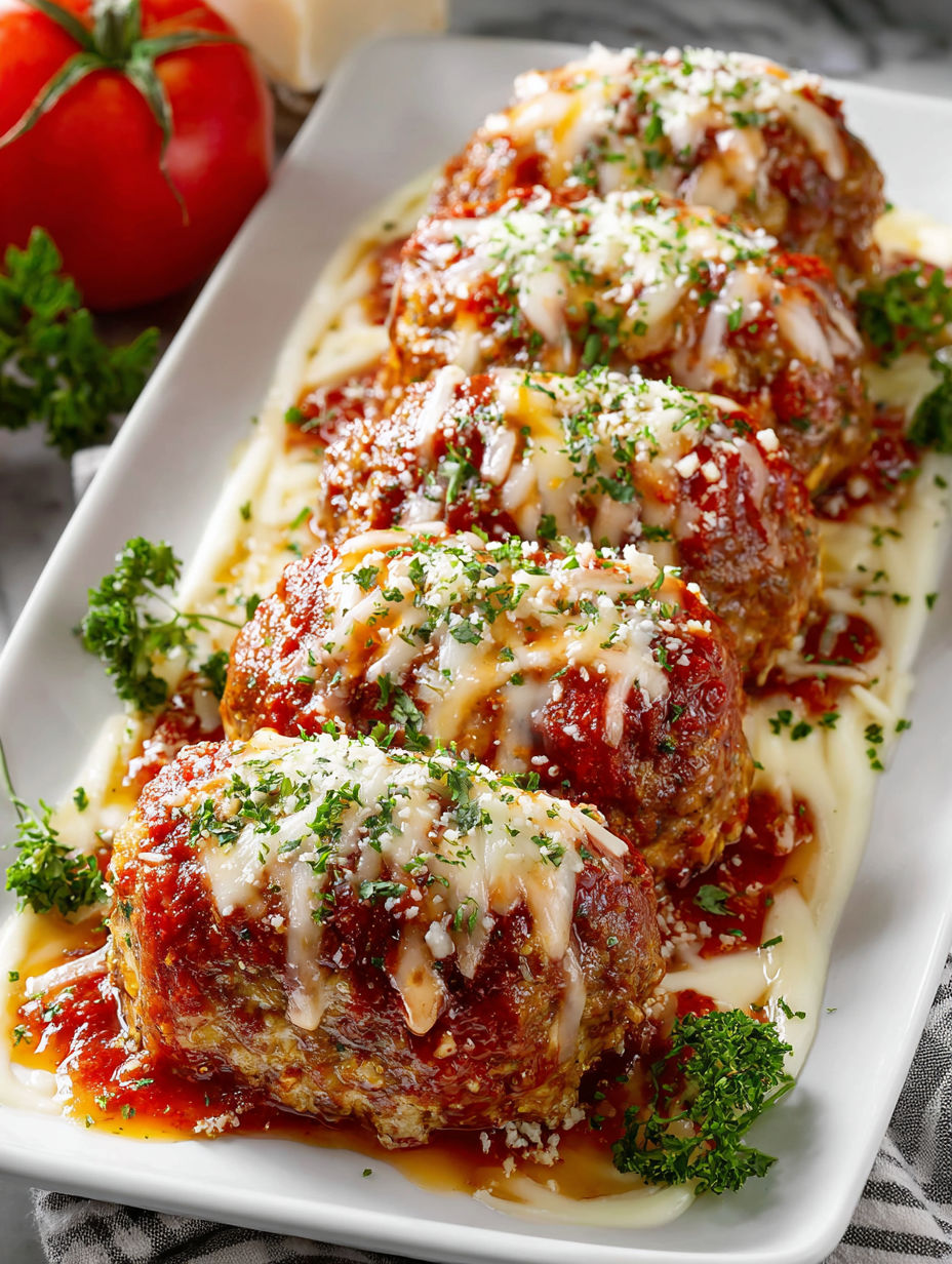Mini meatballs covered in cheese and tomato sauce.