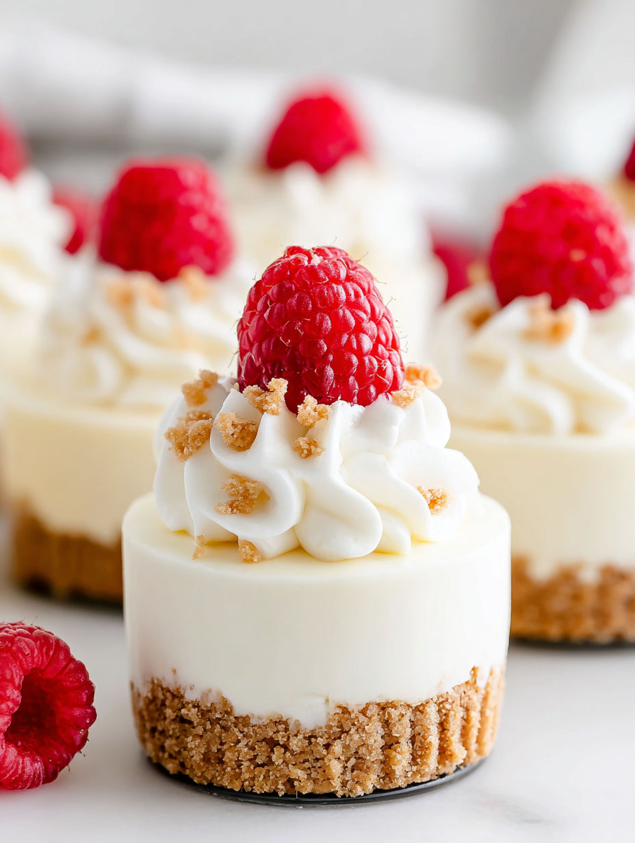 A close up of a raspberry cheesecake with a raspberry on top.