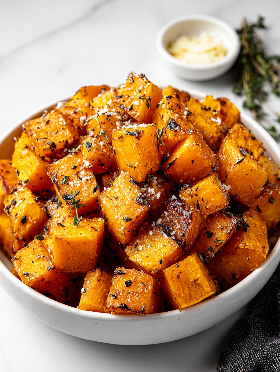 A bowl of roasted pumpkin with spices.
