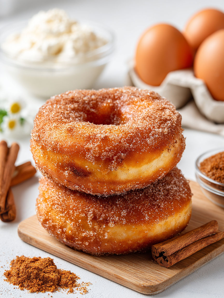 A stack of donuts with sugar on top.