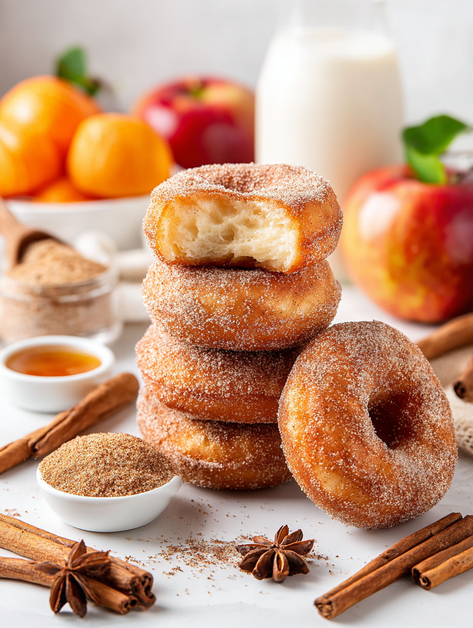 A stack of sugar donuts with a bowl of cinnamon next to them.