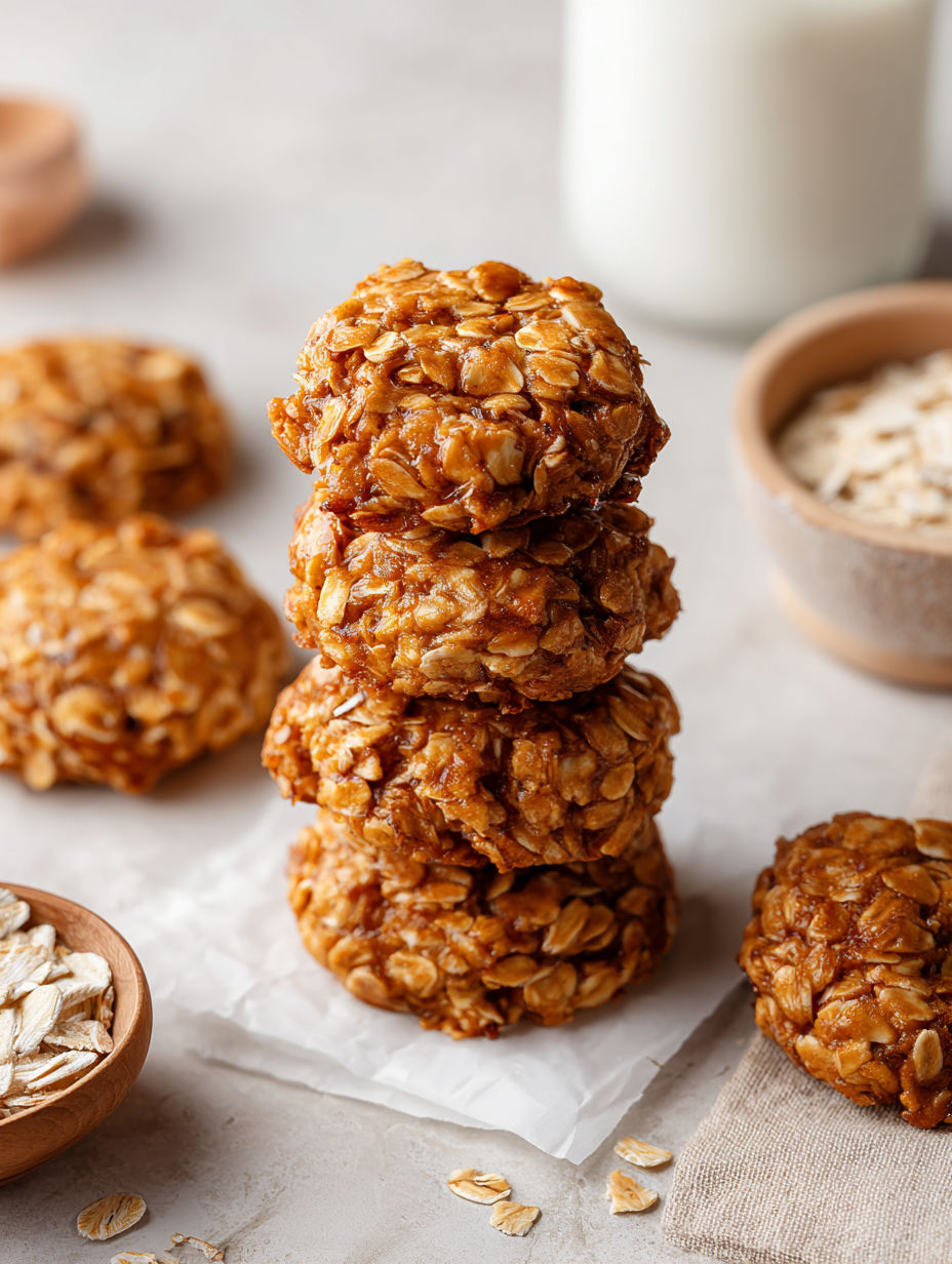 A stack of three oatmeal cookies.