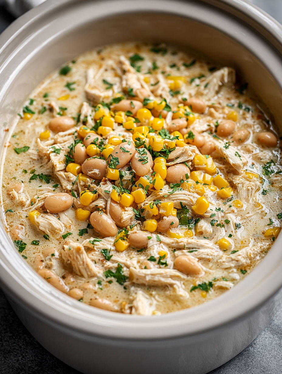 A bowl of chicken chili with corn and beans.