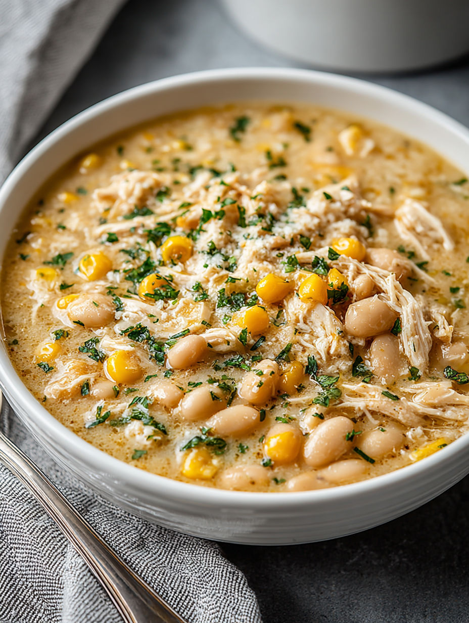 A bowl of chicken chili with green beans and corn.