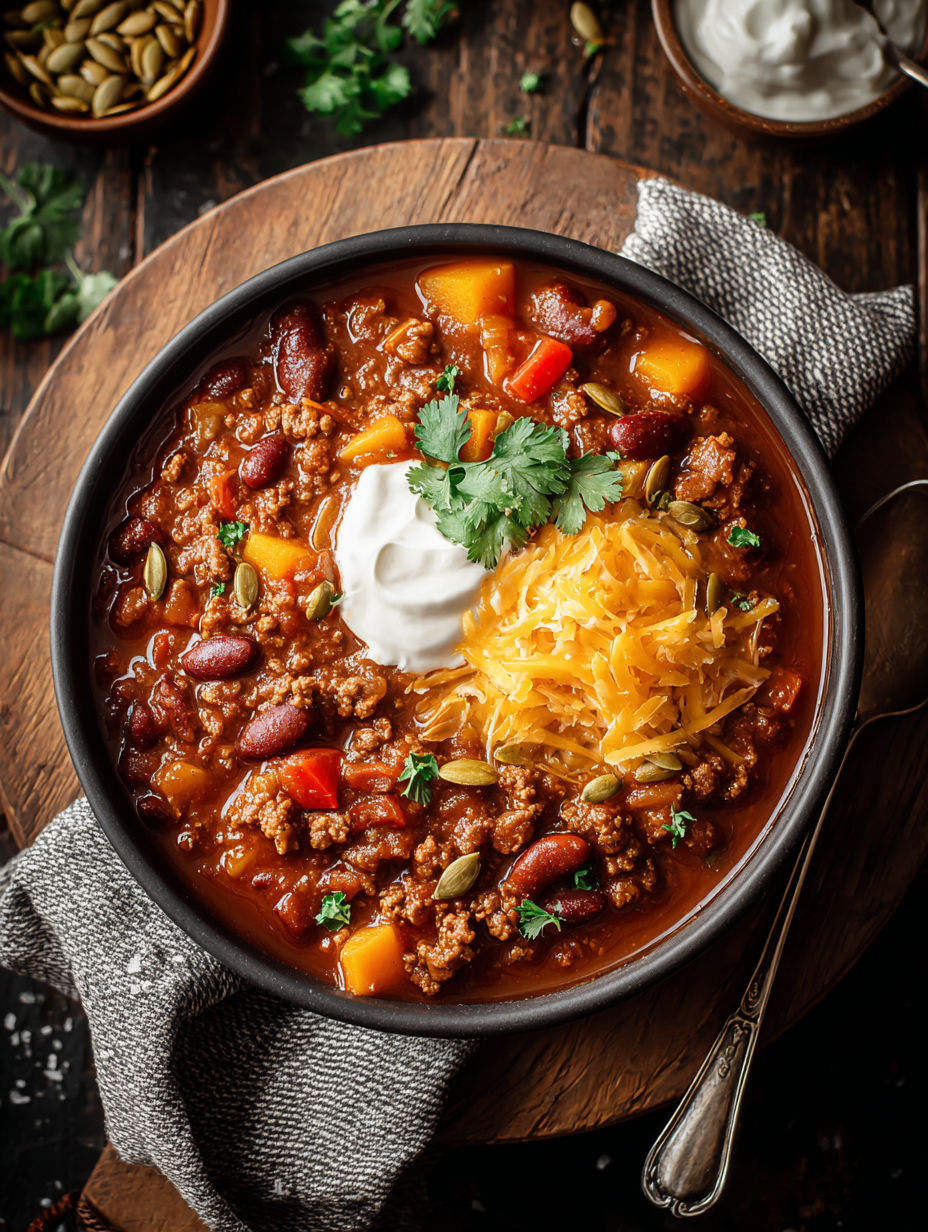 A bowl of chili with a spoon in it.
