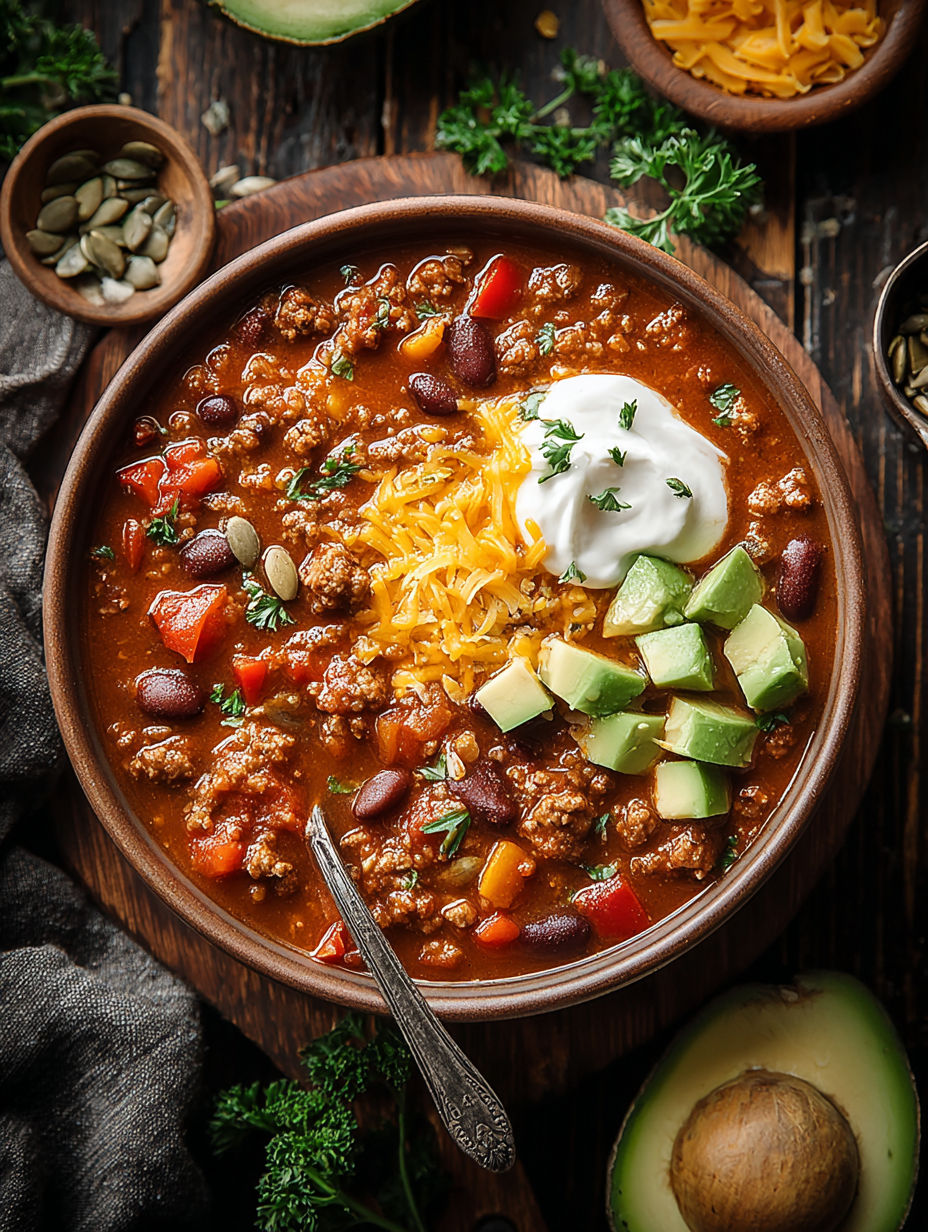 A bowl of chili with a spoon in it.