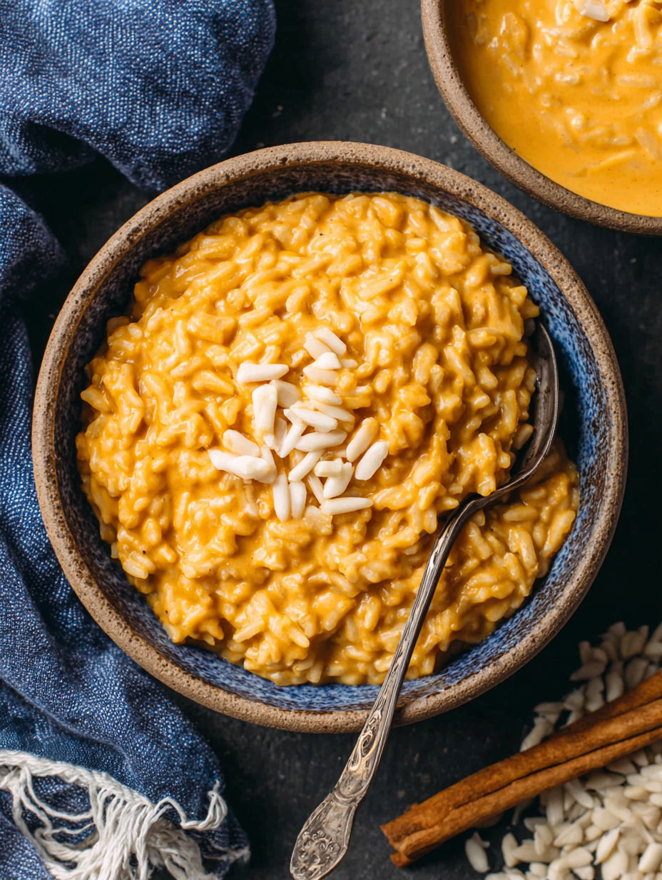 A bowl of creamy pumpkin arroz con leche sits on a table.