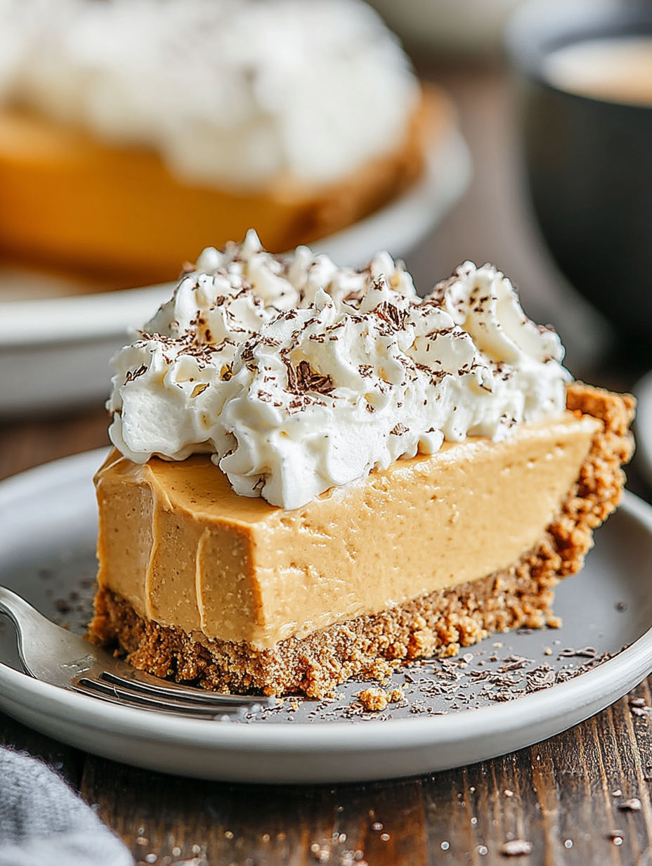 A slice of pie with white whipped cream on top.
